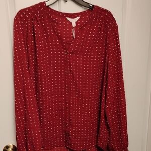 LC Lauren Conrad Red Long Sleeve Blouse with Mandarin Collar